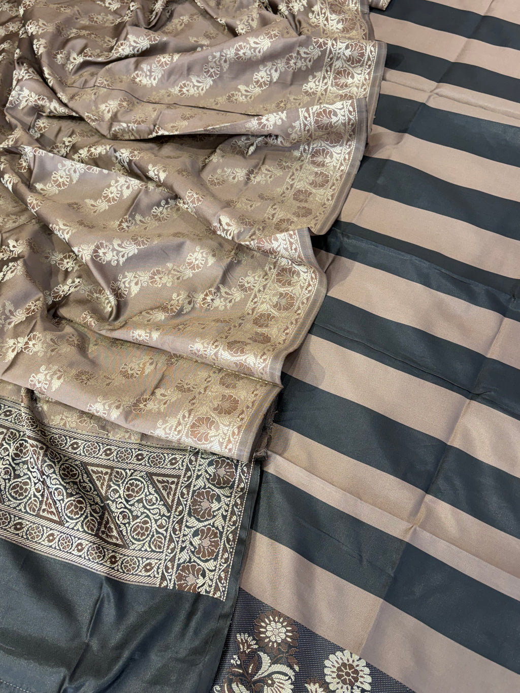 Banarasi soft silk suit in black with mushroom brown colour combination with tussels
