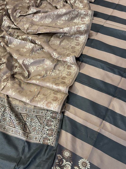 Banarasi soft silk suit in black with mushroom brown colour combination with tussels