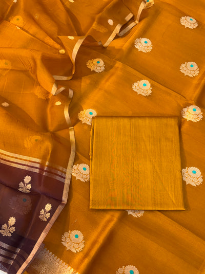 Pure Handloom Kora silk suit set in gold yellow with chocolate brown colour