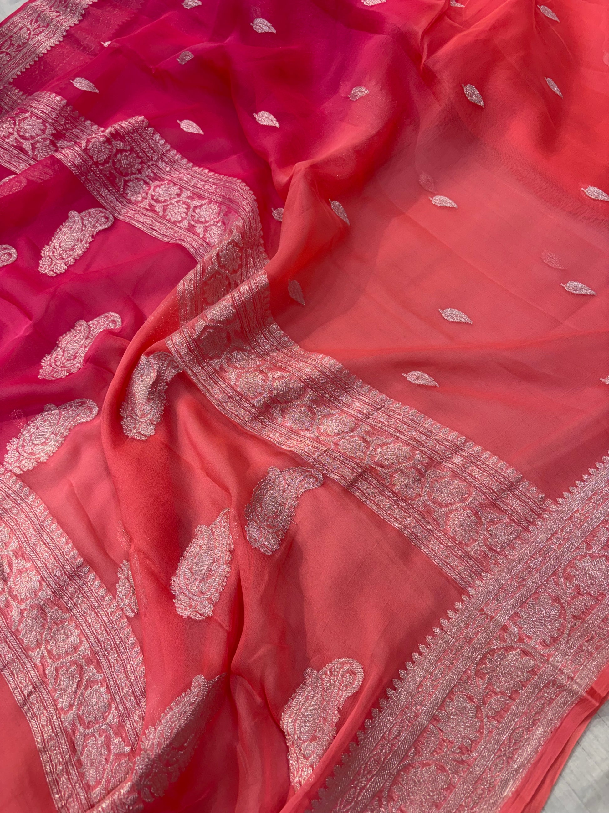 Pure khaddi chiffon saree in half half beautiful shade