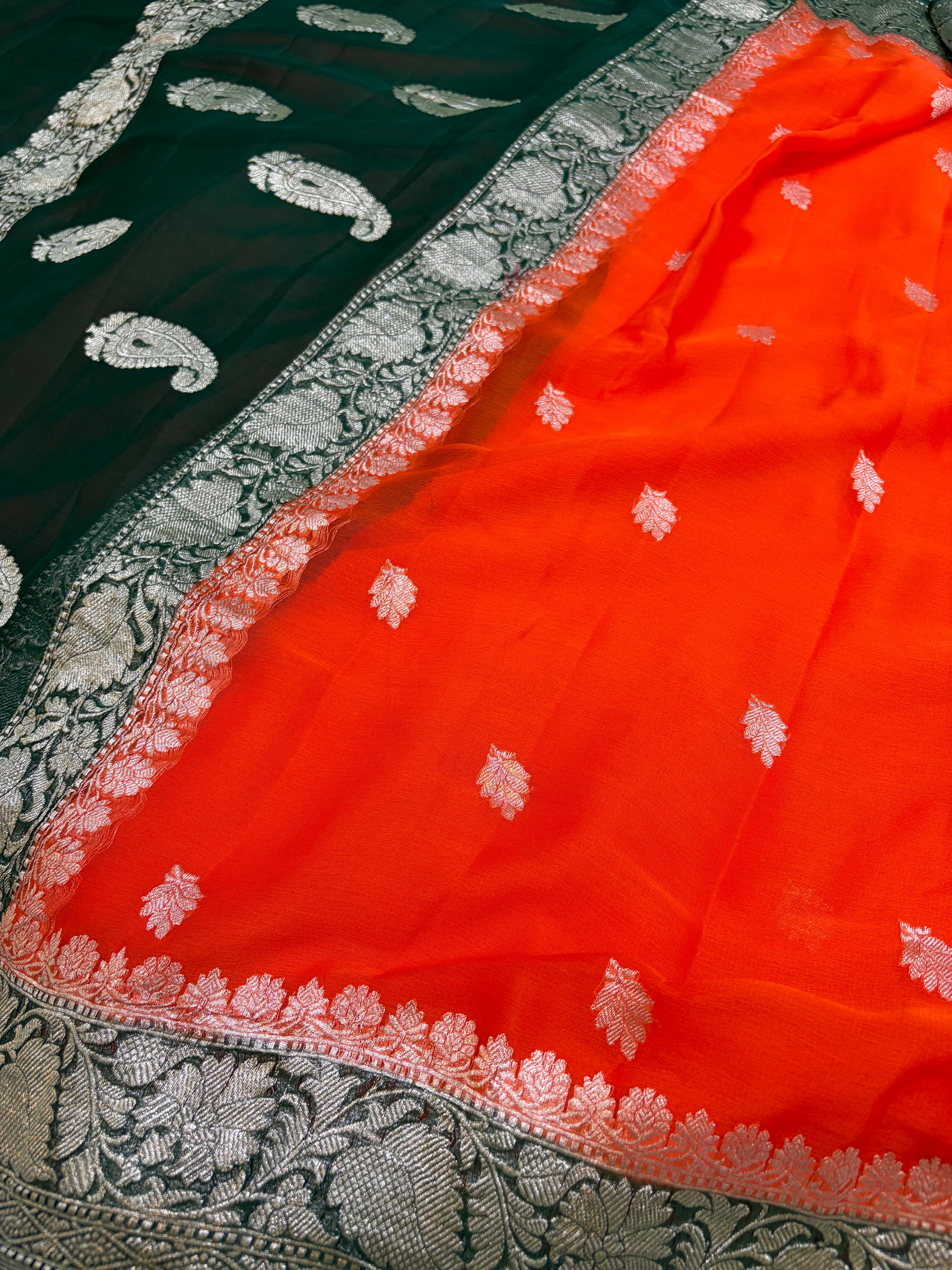 Beautiful Pure khaddi chiffon saree in beautiful contrast colour