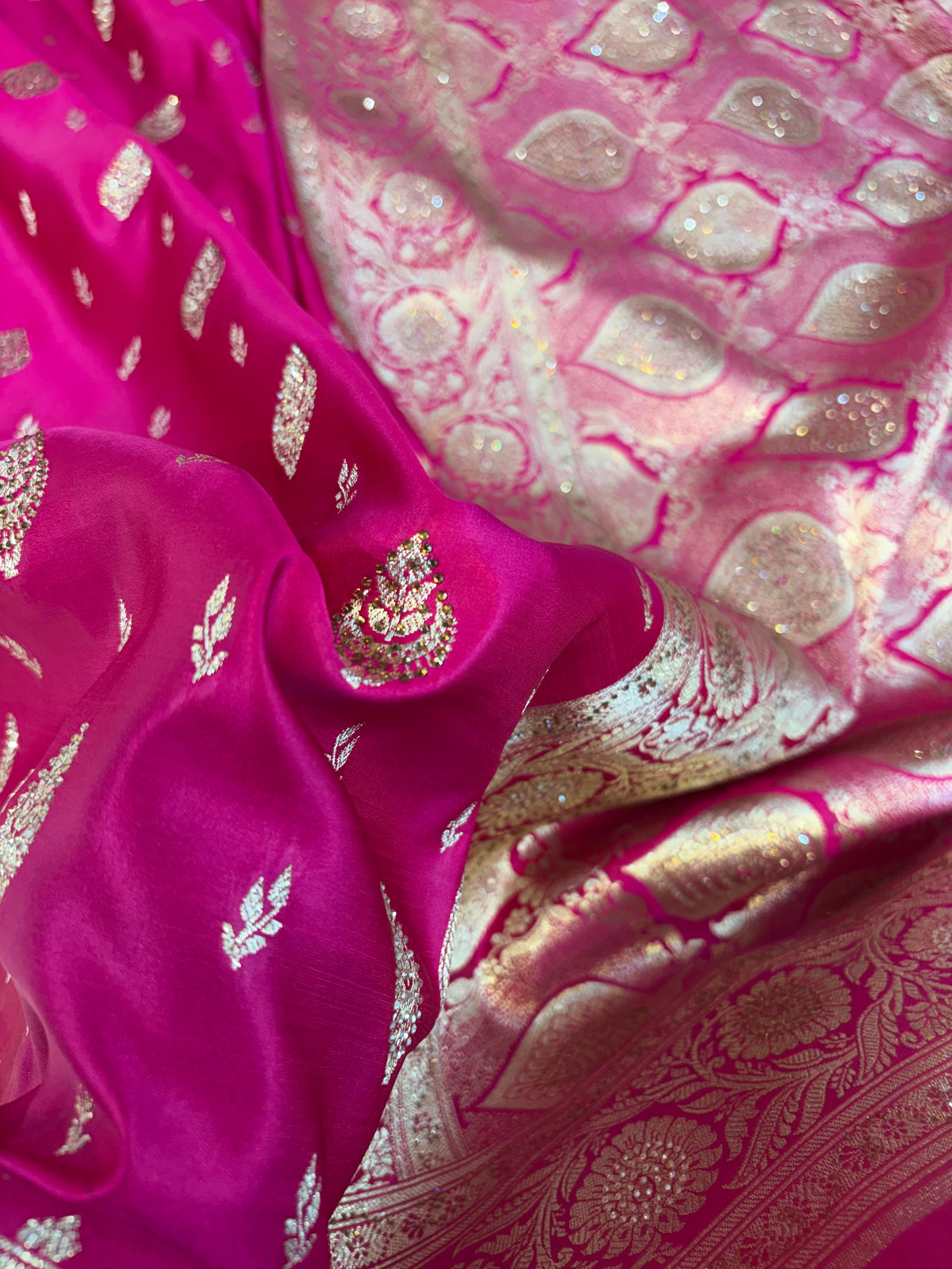 Bridal Banarasi satin Katan silk sarees in Rani pink colour with all over Swarovski work