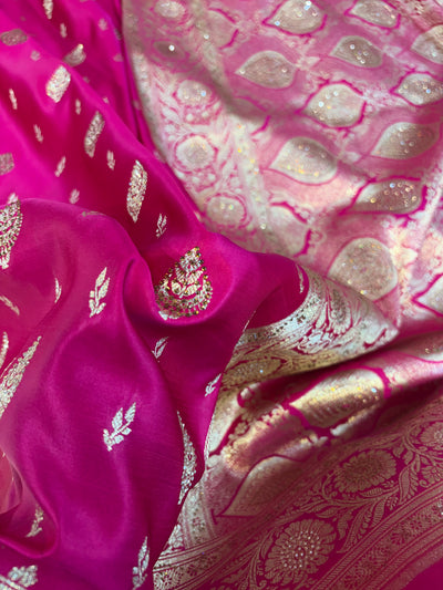Bridal Banarasi satin Katan silk sarees in Rani pink colour with all over Swarovski work