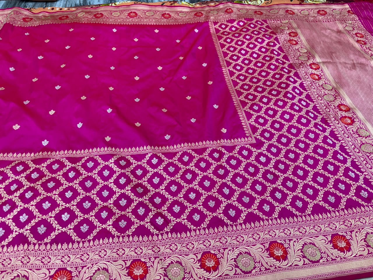 Beautiful Premium katan silk saree in Rani colour