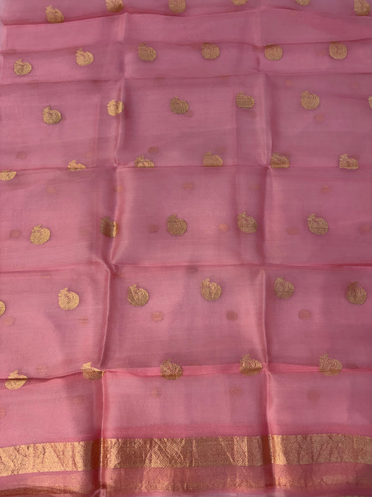 Pure Handloom Kora silk suit set in baby pink colour with meenakari work