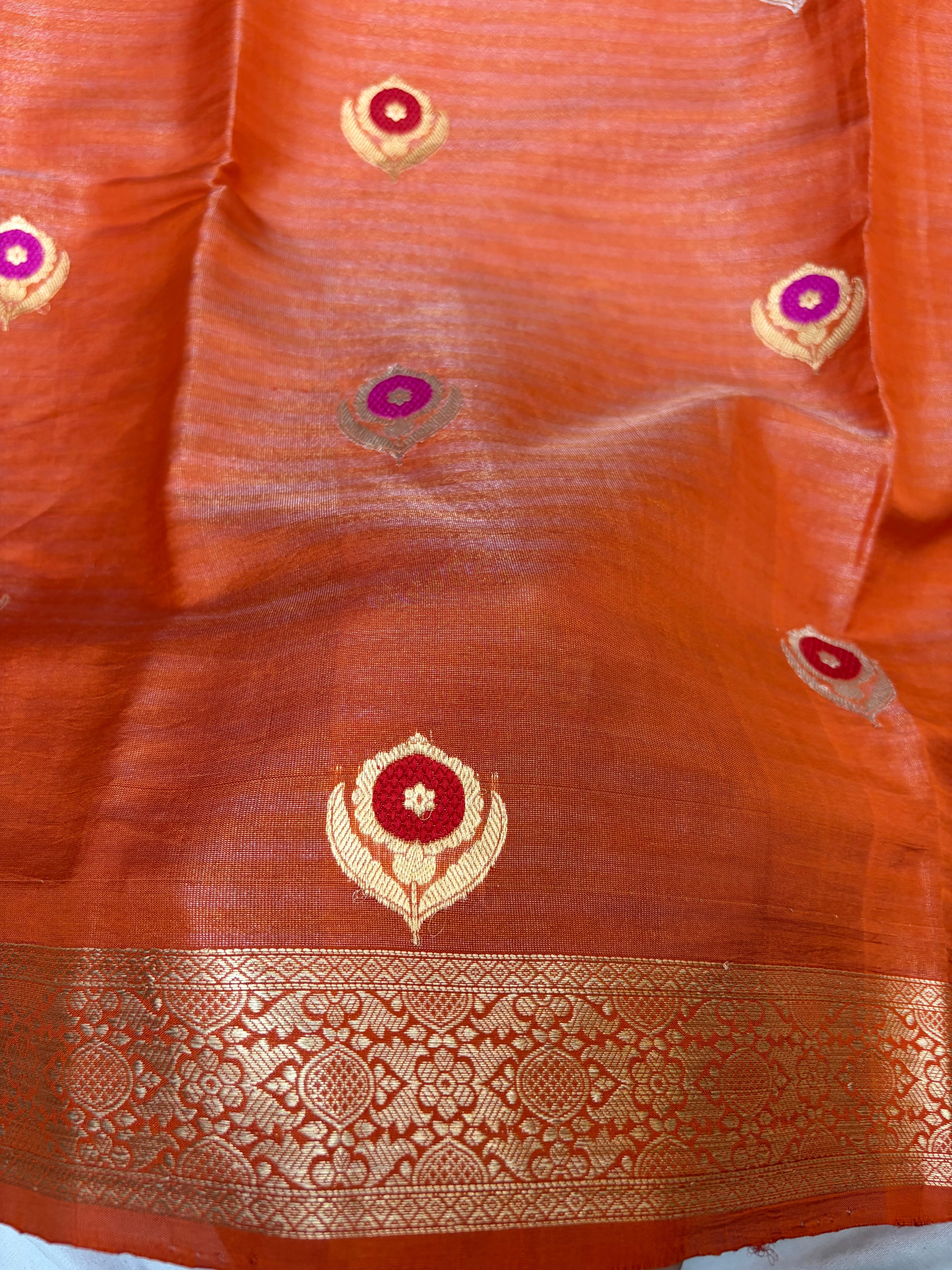 Pure handloom organza silk saree in peach orange colour