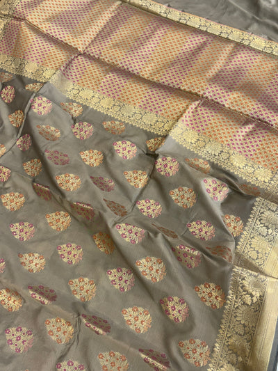 Banarasi katan by katan silk saree in dusty grey colour with multiple meenakari work