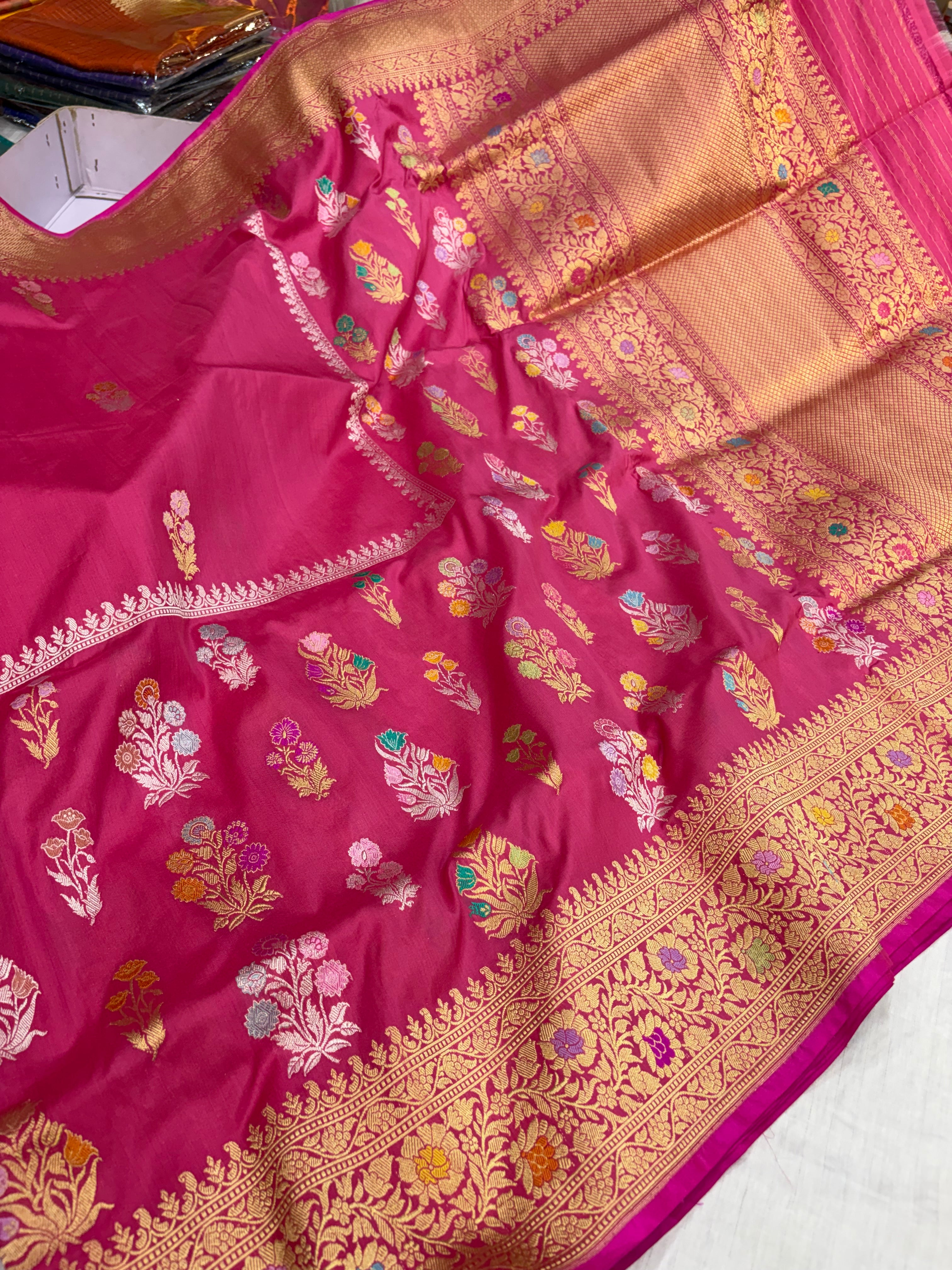 Pure katan silk saree in hot pink colour with multiple meenakari work