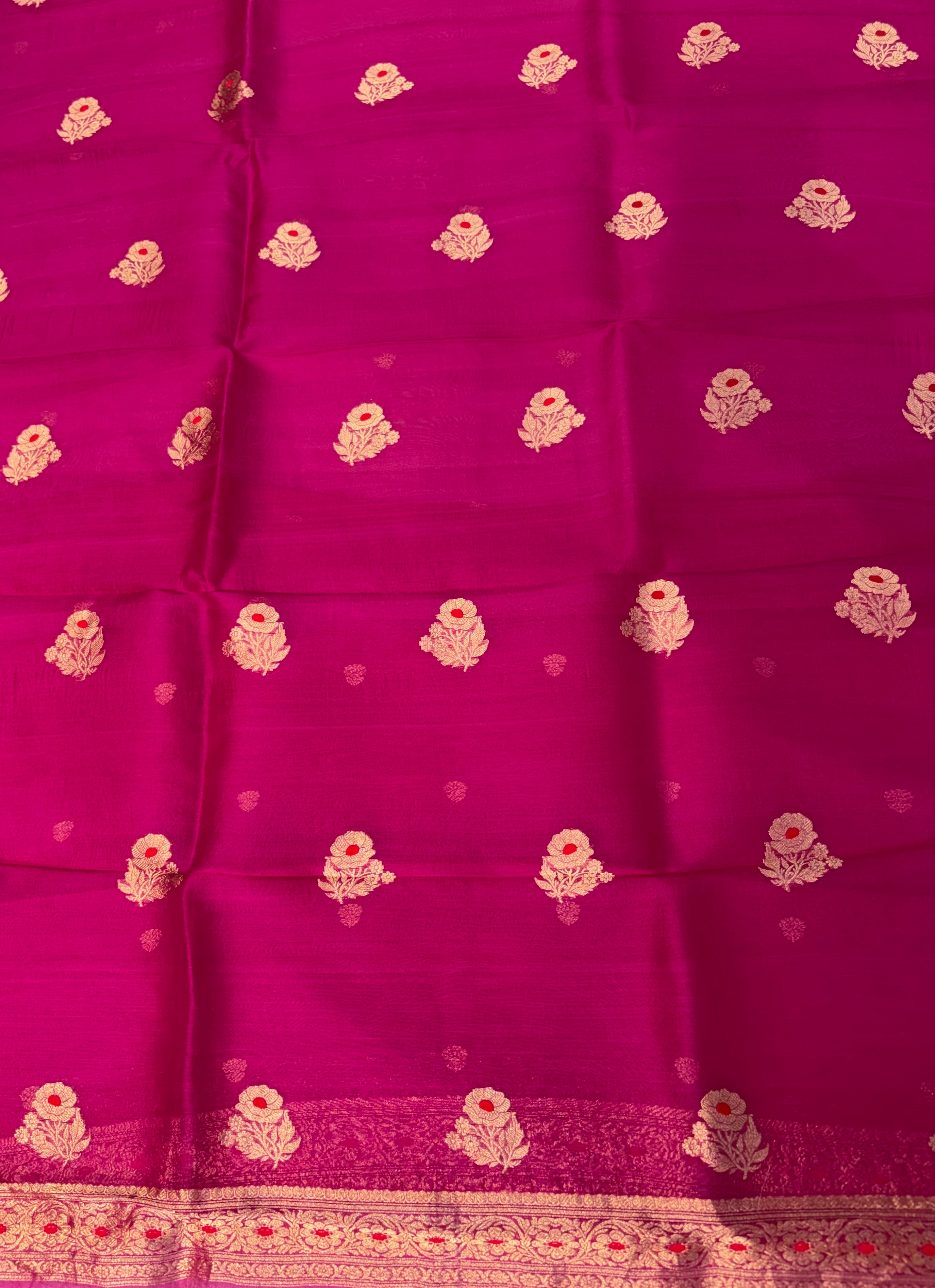 Pure Handloom Kora silk suit set in Rani with green colour with meenakari work