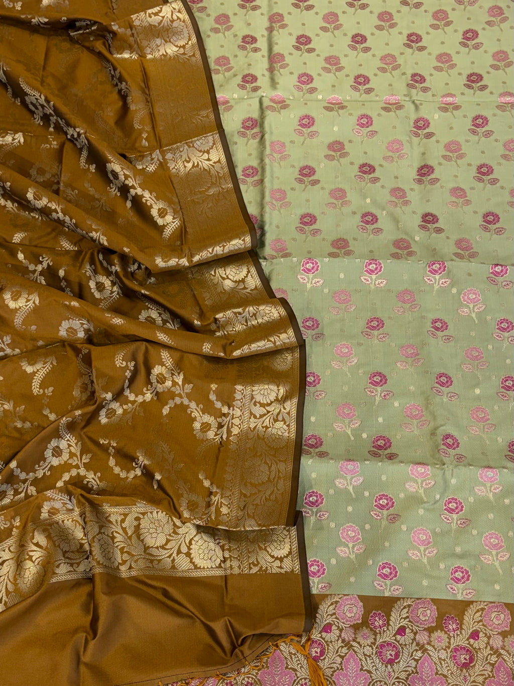 Banarasi soft silk suit in pista with mustard colour