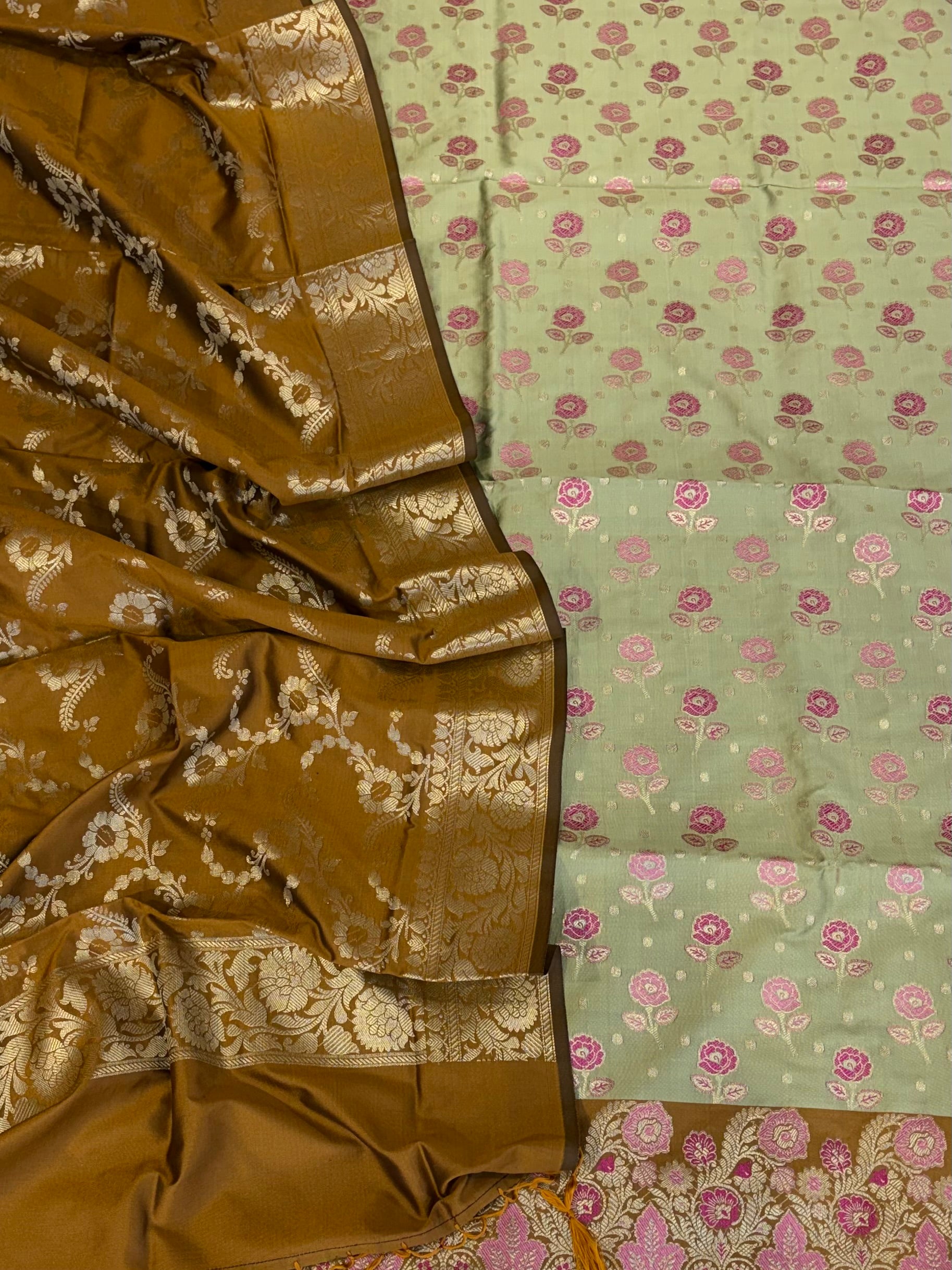 Banarasi soft silk suit in pista with mustard colour