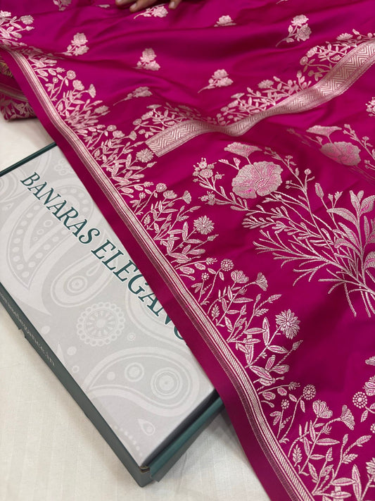 Magenta Mashru Silk Saree With Zari Open Border Flower Booti