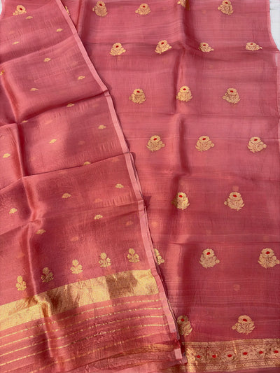 Pure Handloom Kora silk suit set in Rose pink colour with meenakari work
