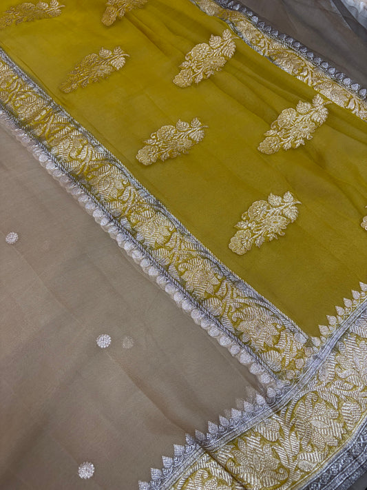 Contrast Pure khaddi chiffon Zari Border Buti saree