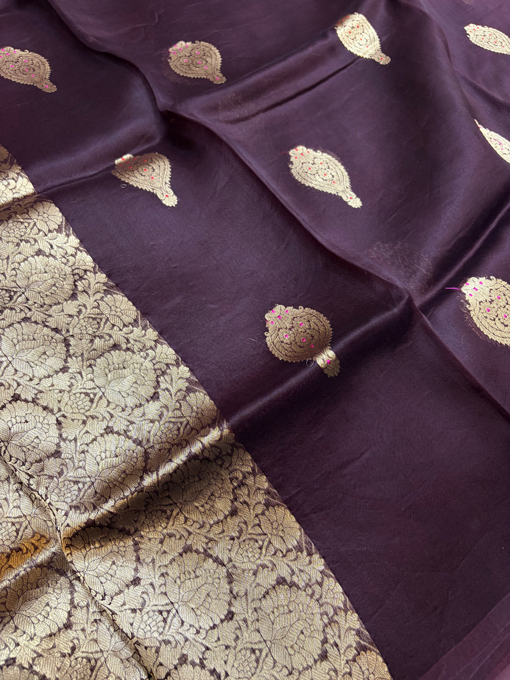 Pure handloom organza silk saree in dark brown colour