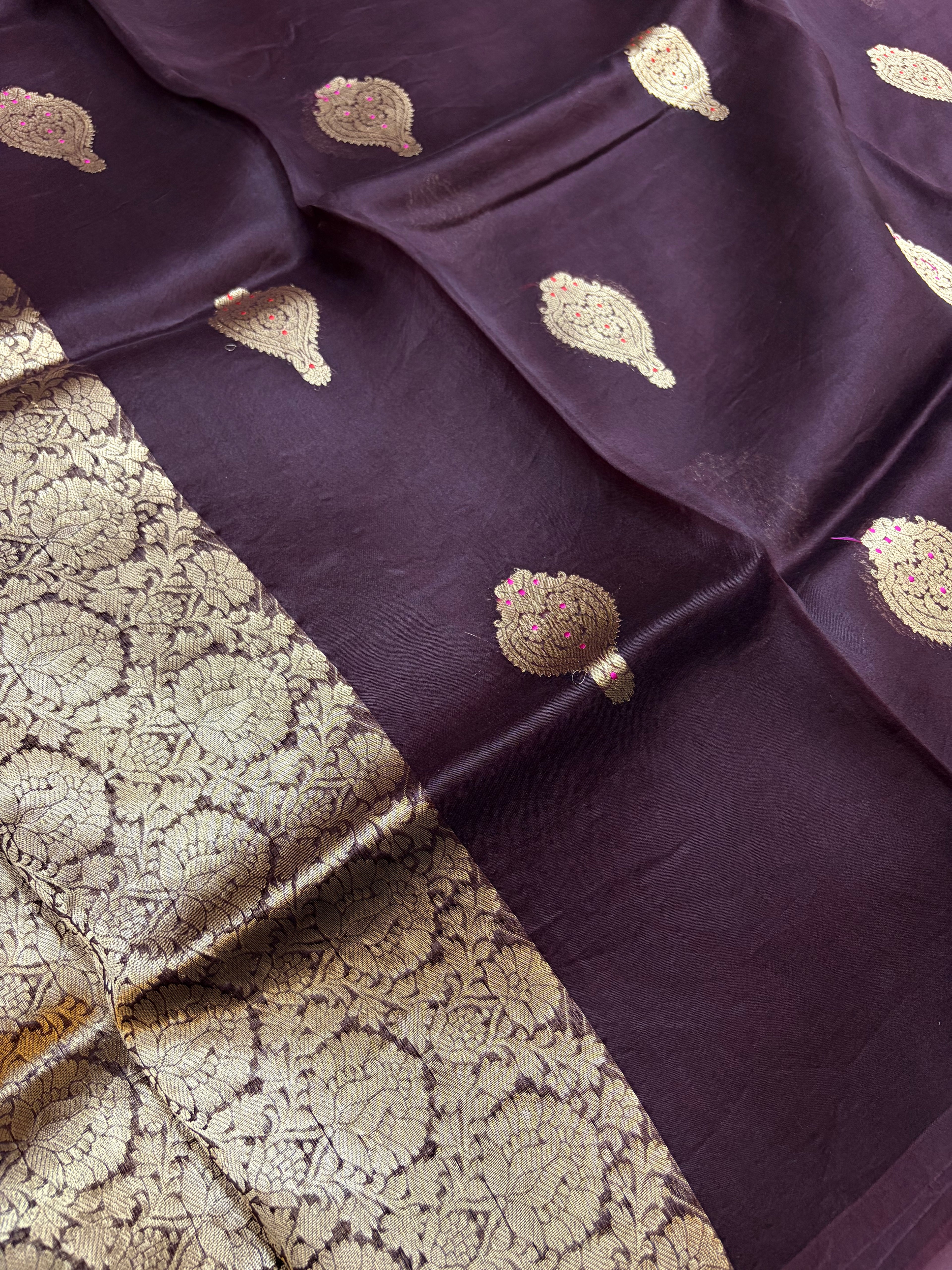 Pure handloom organza silk saree in dark brown colour