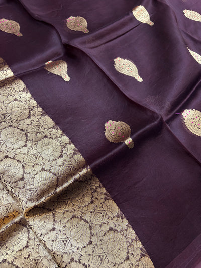 Pure handloom organza silk saree in dark brown colour