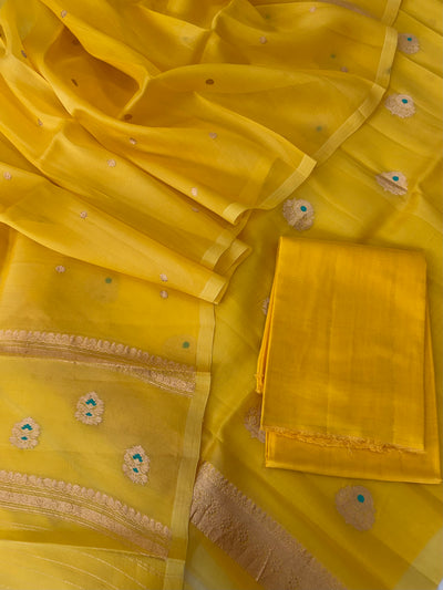 Pure Handloom Kora silk suit set in lemon yellow colour with meenakari work