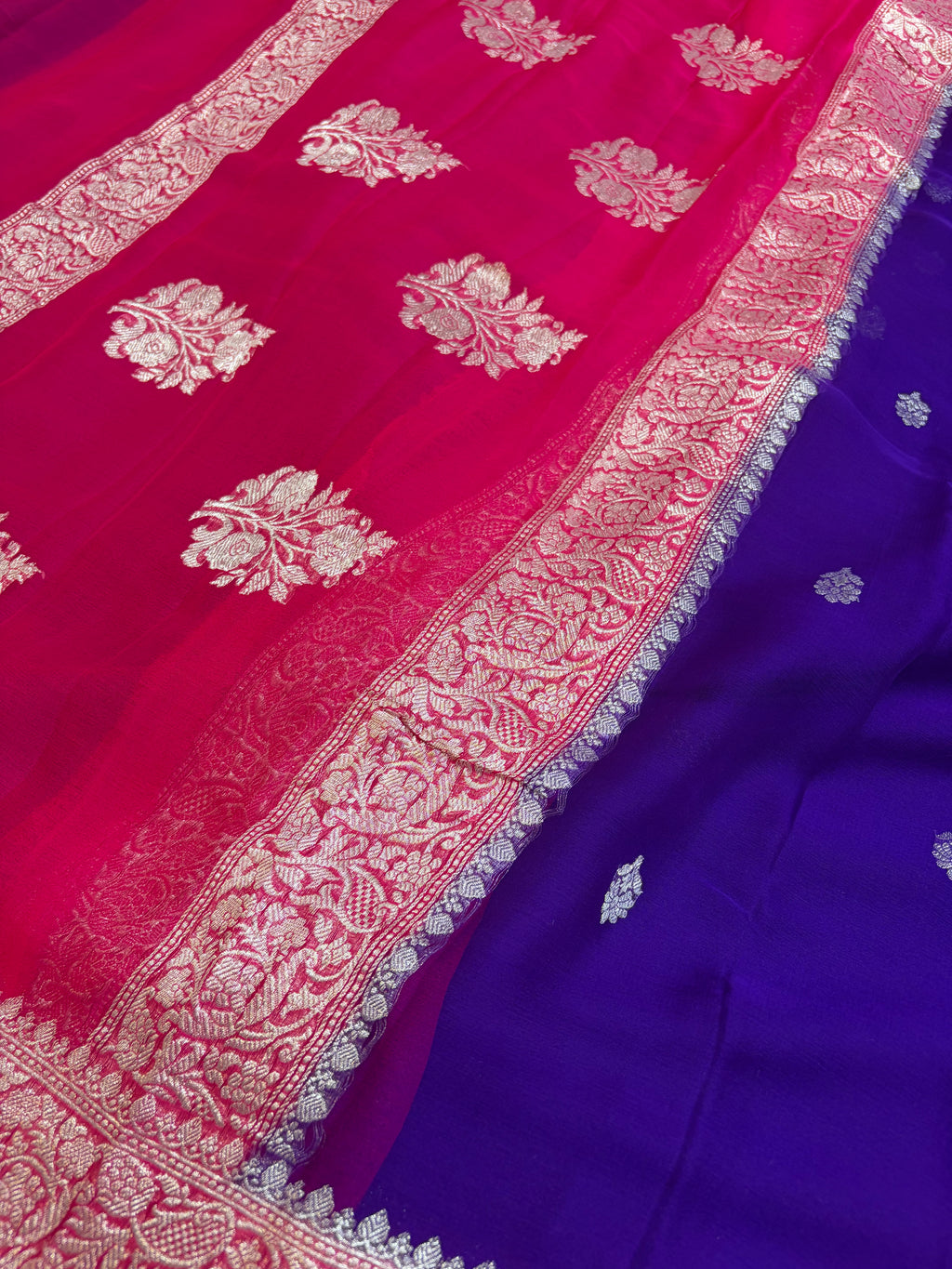 Pure khaddi chiffon saree in purple with Rani colour