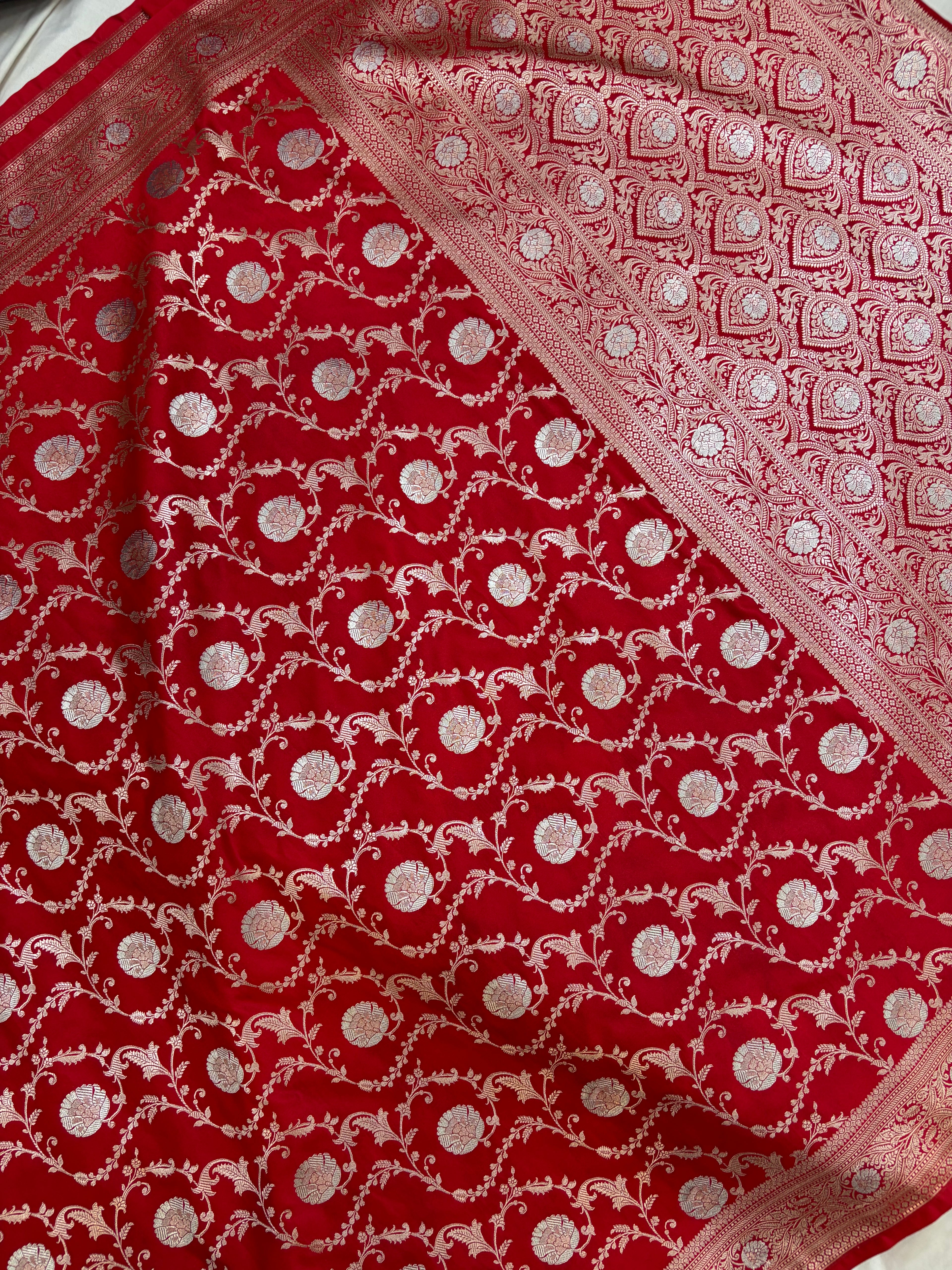 Mughali jaal Red Mashru Silk saree in red colour