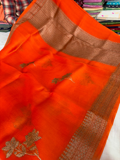 Pure handloom organza silk saree in orange colour
