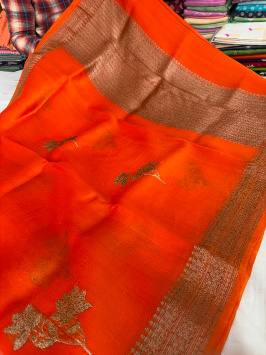 Pure handloom organza silk saree in orange colour