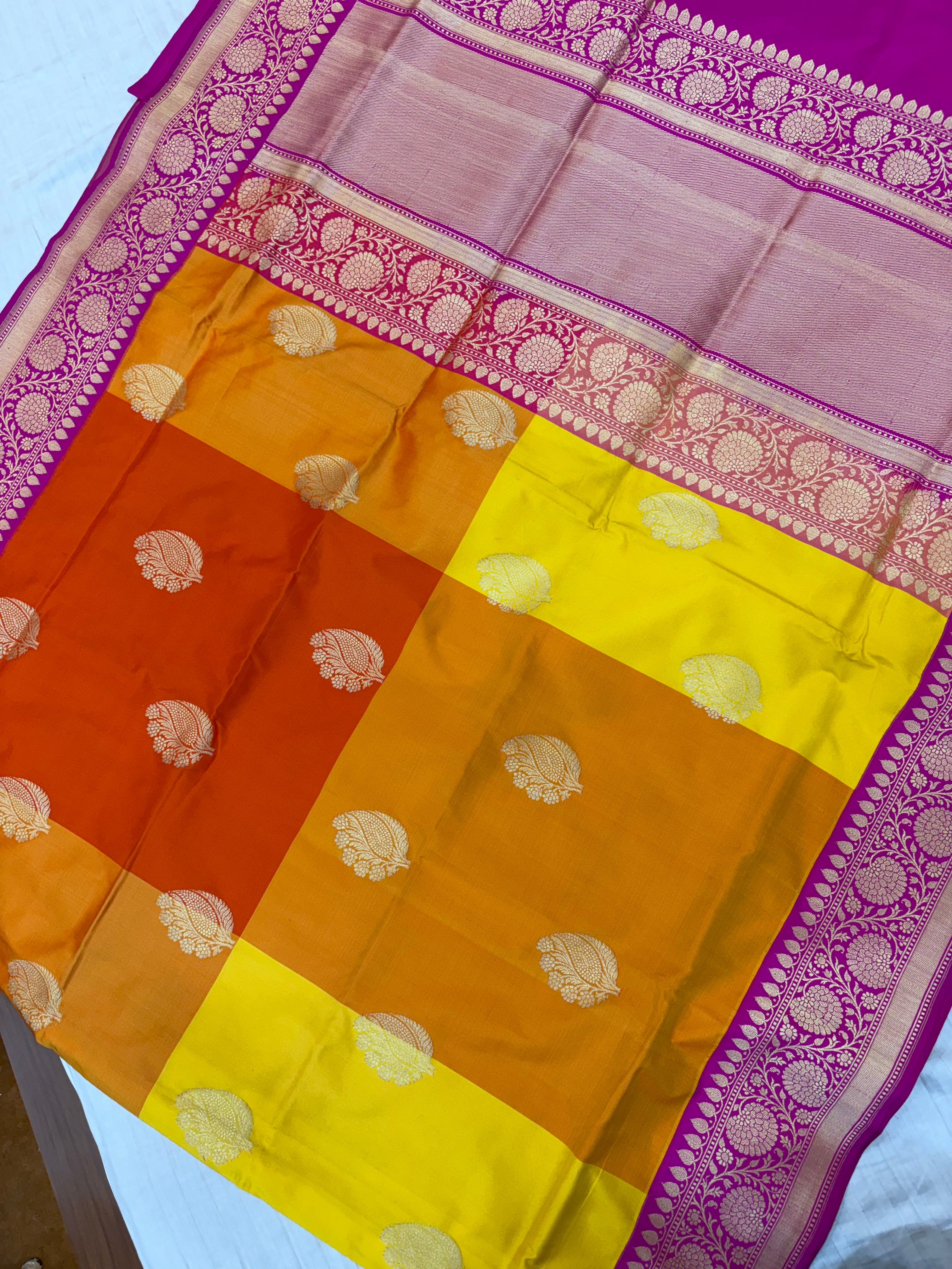 Pure handloom katan silk sareee in rangkat colour