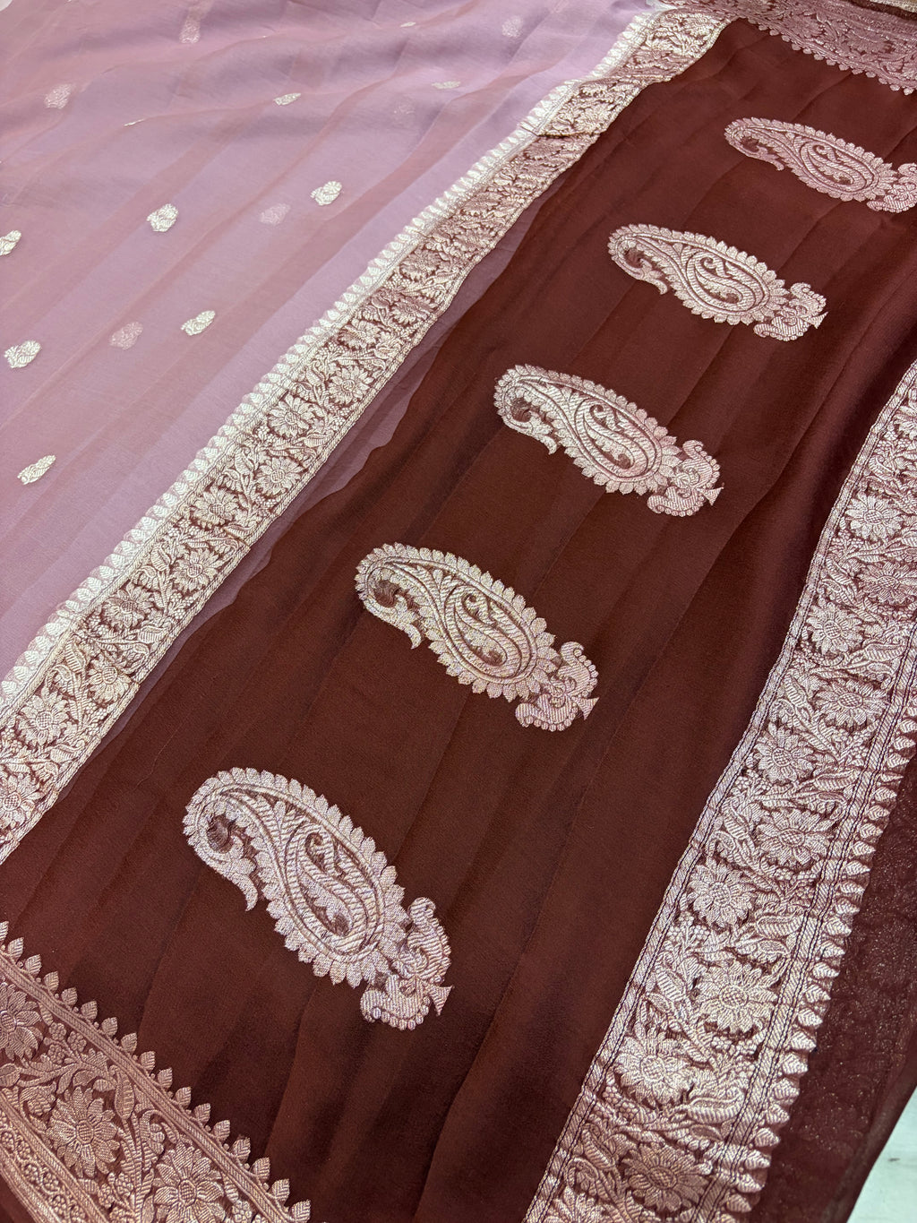 Pure khaddi chiffon saree in dark tea rose with chocolate brown colour