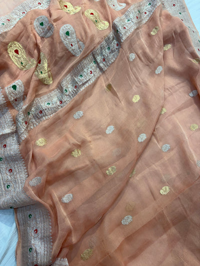 PURE KHADDI TISSUE SILK SAREE IN PEACH COLOUR