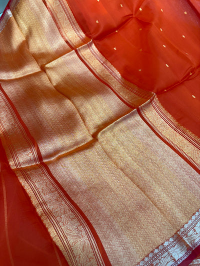Pure handloom organza silk saree In orange colour with red piping border