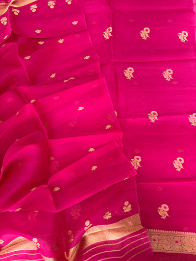 Pure Handloom Kora silk suit set in Rani pink colour with meenakari work