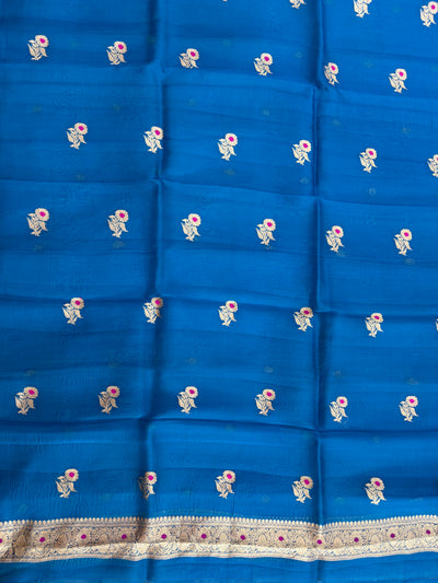 Pure Handloom Kora silk suit set in light German blue colour with meenakari work