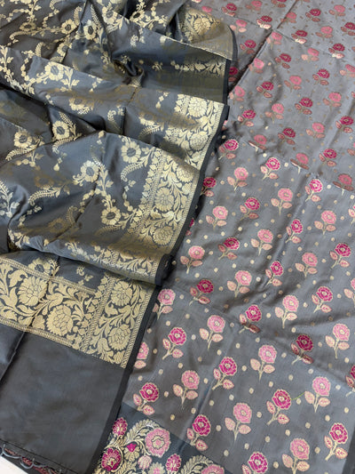 Banarasi soft silk suit light dark grey colour