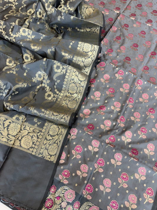 Banarasi soft silk suit light dark grey colour