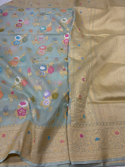 Premium pure Kora silk saree with all over meenawork in beautiful sea green shade