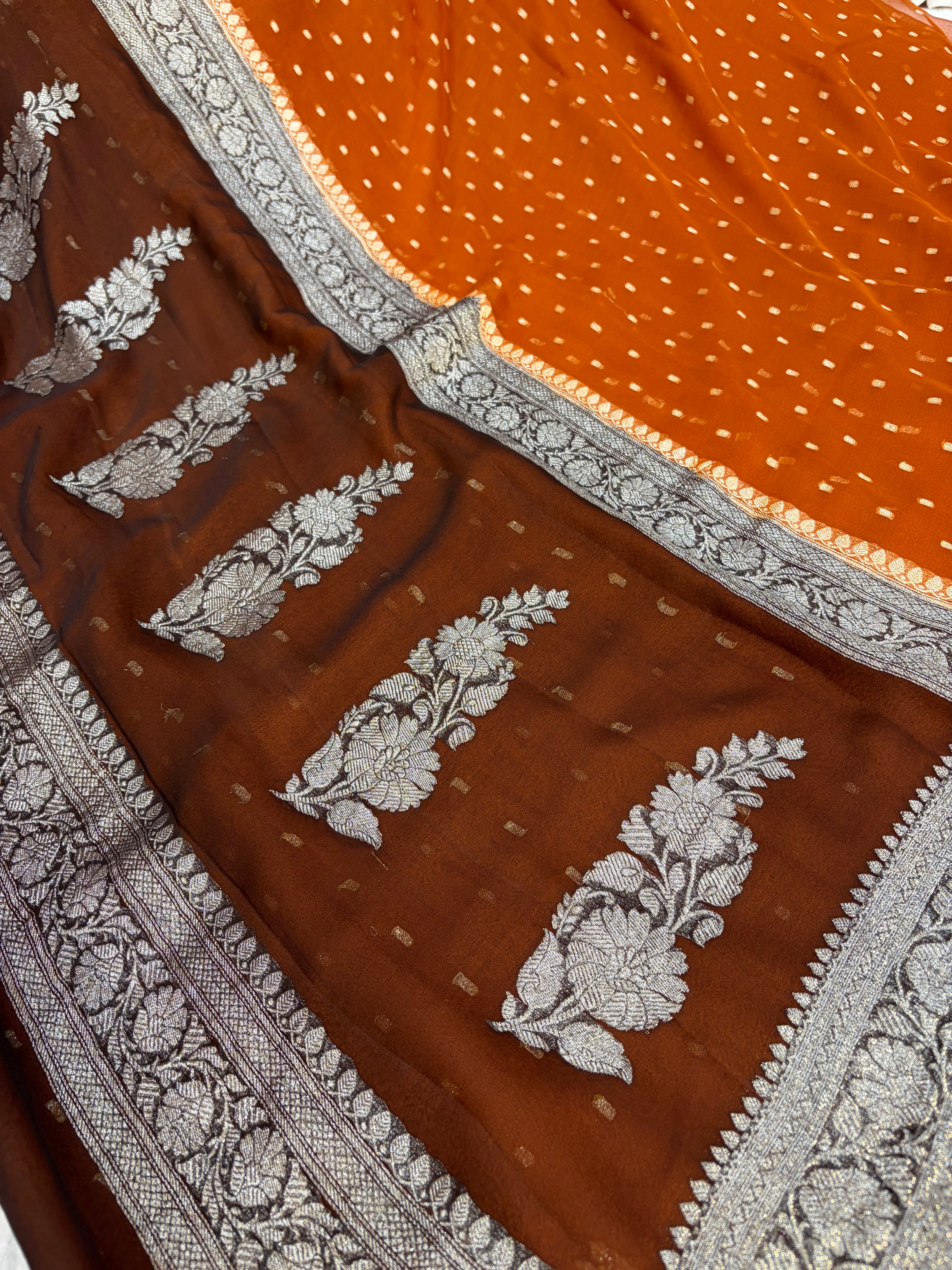 Pure khaddi chiffon chunri buti saree in rust orange with dark chocolate colour