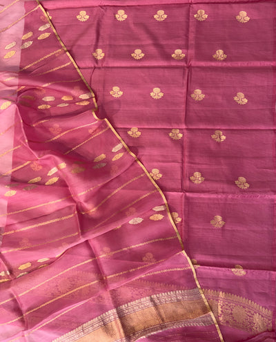 Pure handwoven Chiniya silk suit in dusty pink  colour