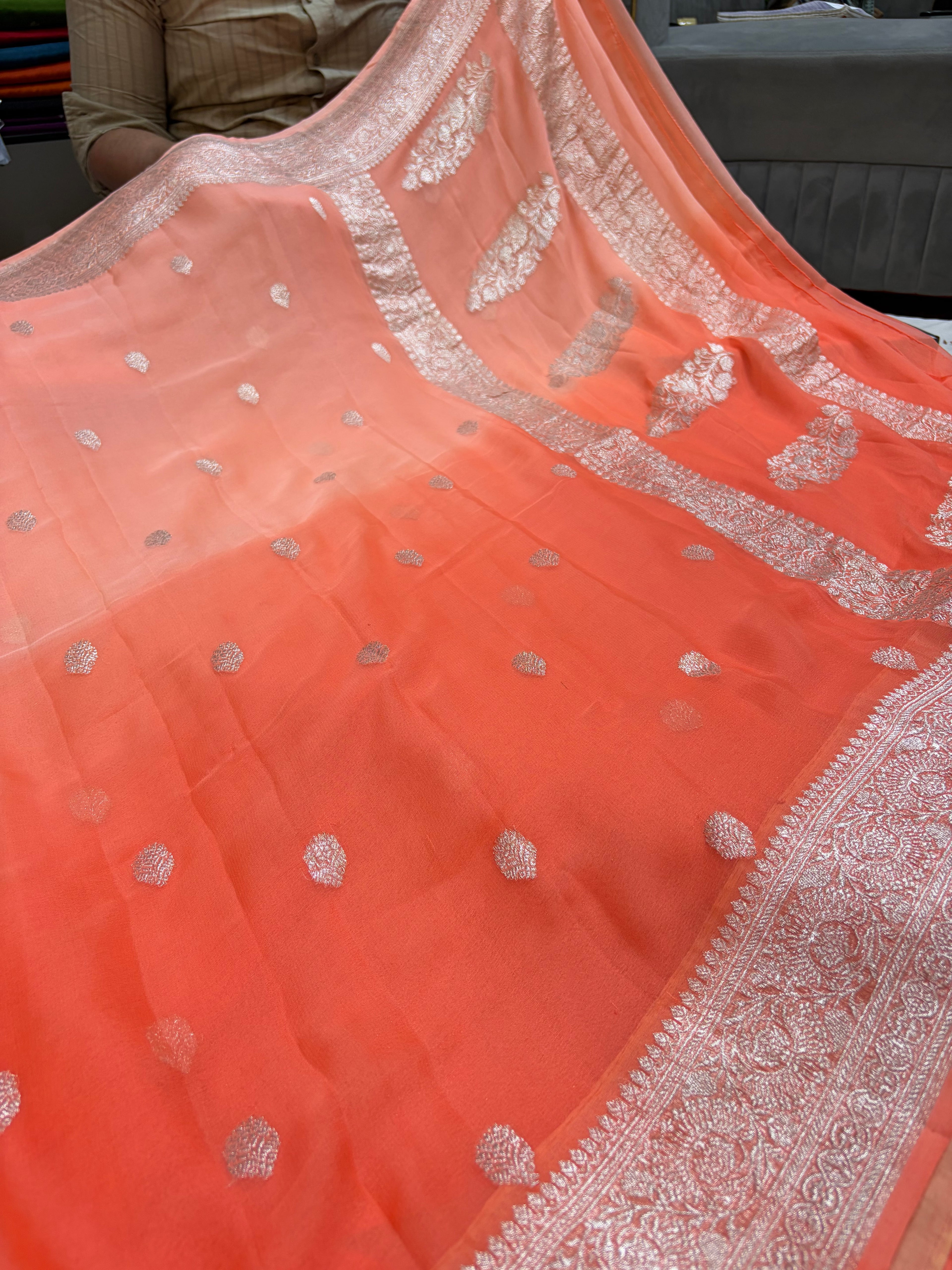 Pure khaddi chiffon saree in half half colour shade
