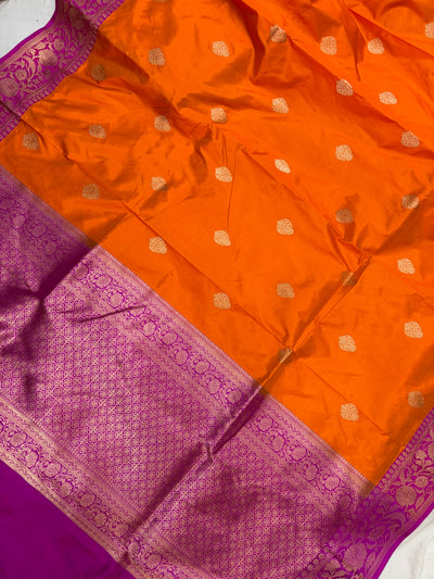 Pure handwoven katan silk saree in orange with Rani  colour