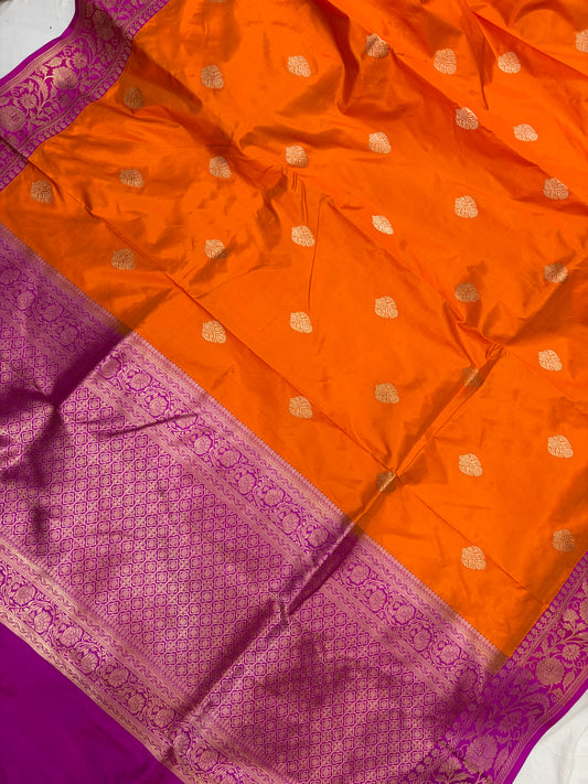 Pure handwoven katan silk saree in orange with Rani  colour