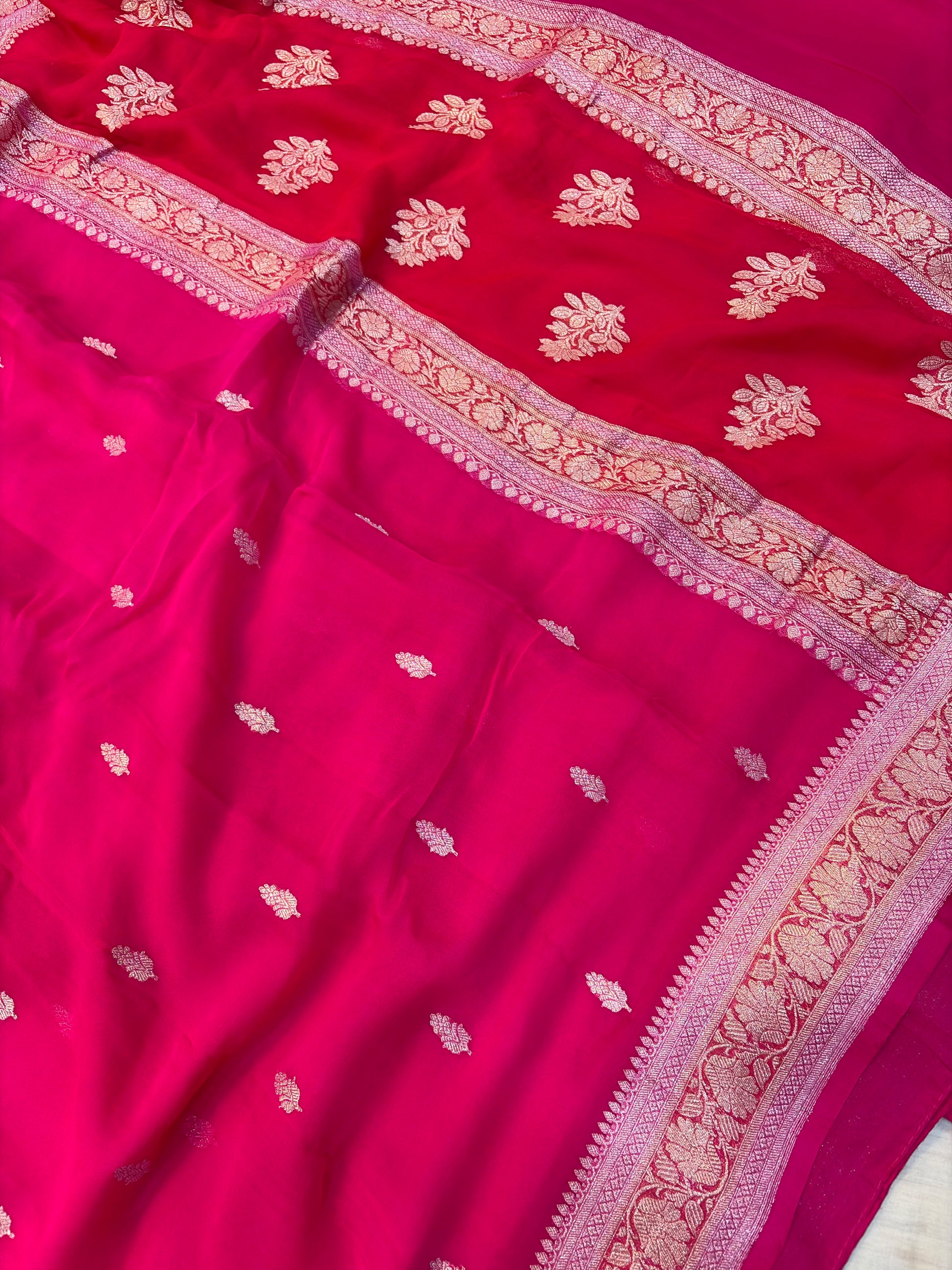 Pure khaddi chiffon saree in 3D Rani pink colour