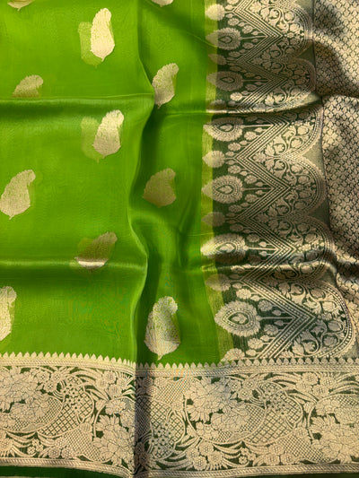 Pure handloom kora silk saree in parrot green with bottle green with colour
