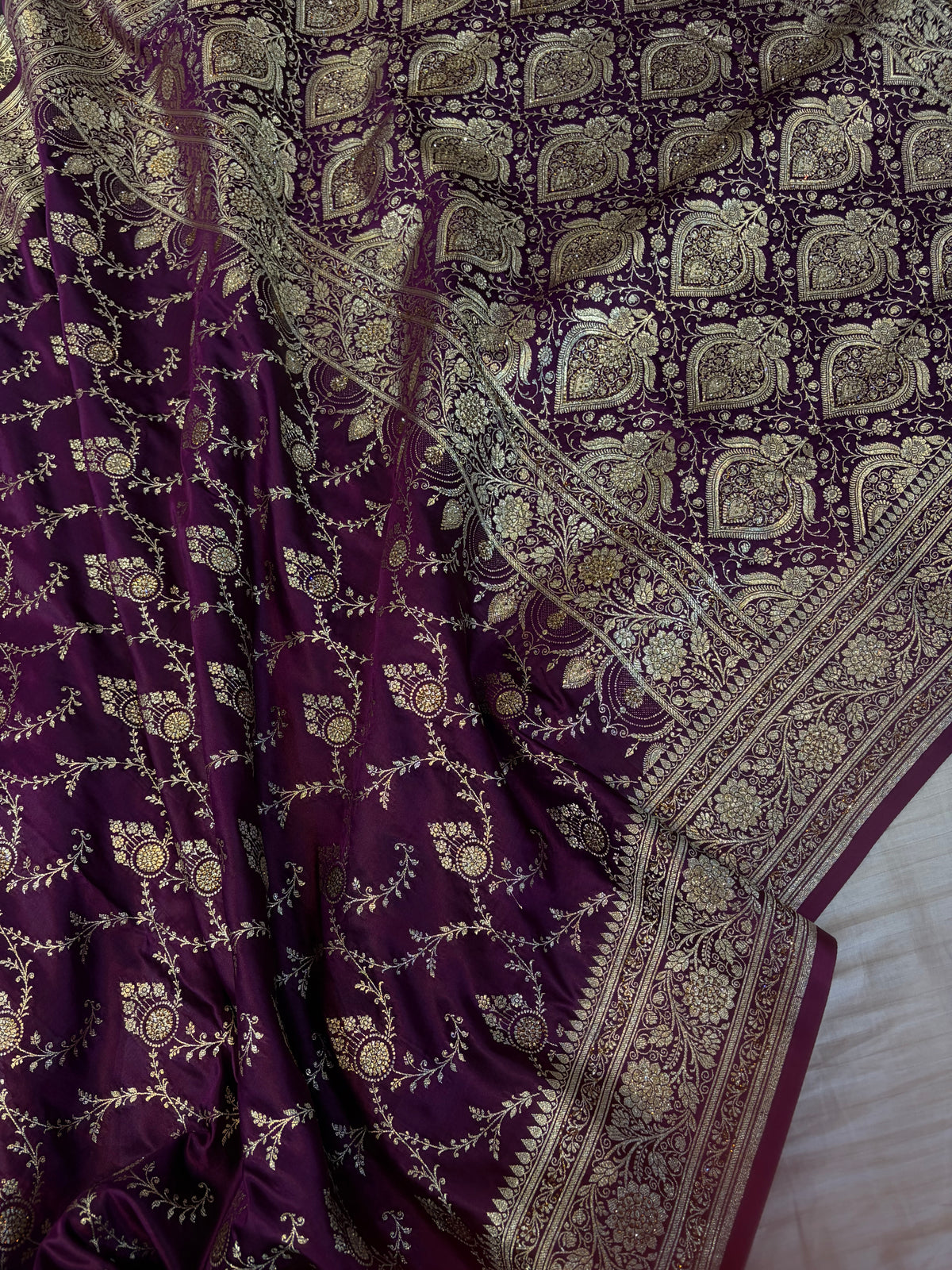 Bridal Banarasi satin Katan silk sarees in dark wine colour with all over Swarovski work