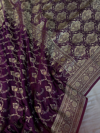 Bridal Banarasi satin Katan silk sarees in dark wine colour with all over Swarovski work