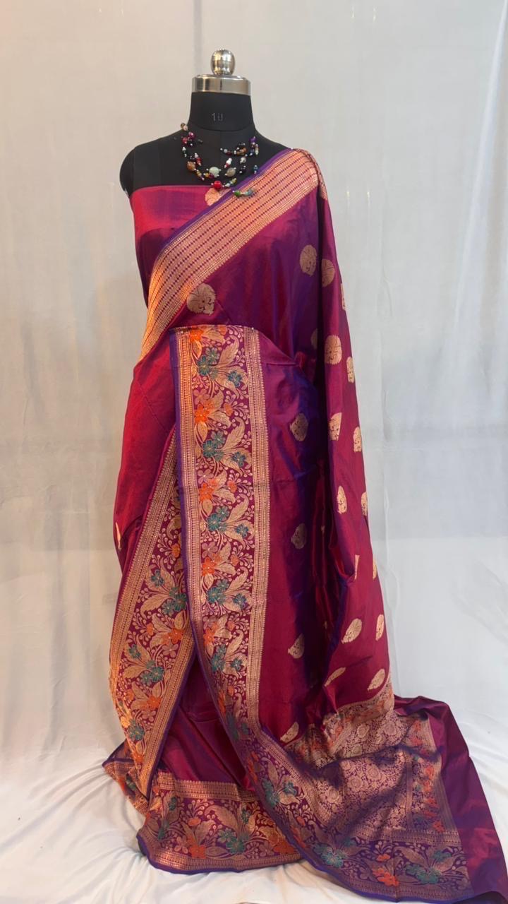 Pure meenakari katan silk saree in maroon red colour