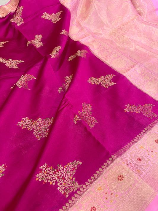 Pure raw mango saree in Rani with baby pink colour combination