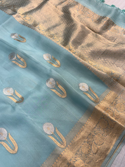 Pure handloom Kora silk saree in sea green colour