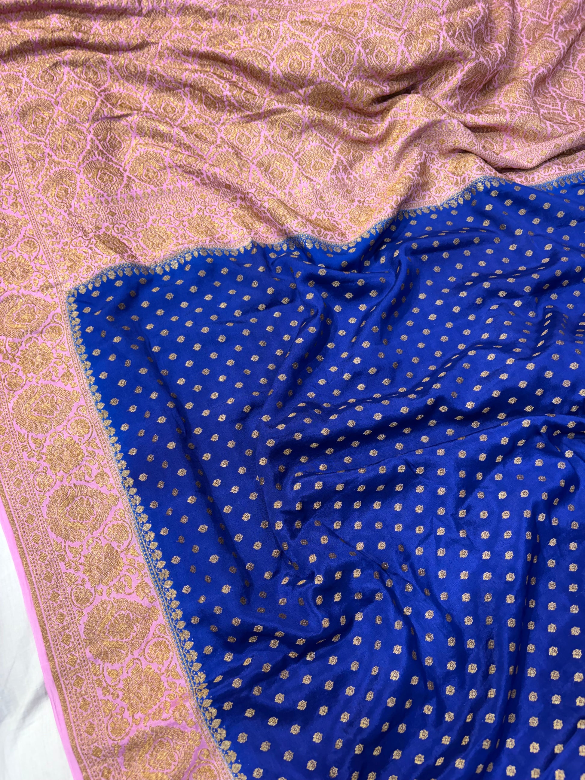 Pure khaddi crepe silk saree in Royal blue with baby pink colour