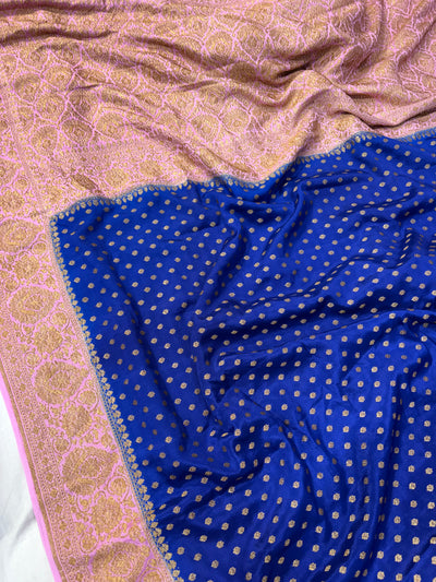 Pure khaddi crepe silk saree in Royal blue with baby pink colour