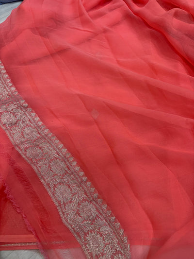 Pure khaddi chiffon saree in peach orange colour